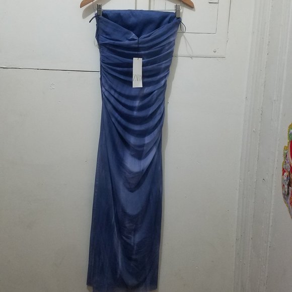 NWT STRAPLESS TIE DYE PRINT SHADES OF BLUE DRESS - Picture 8 of 9